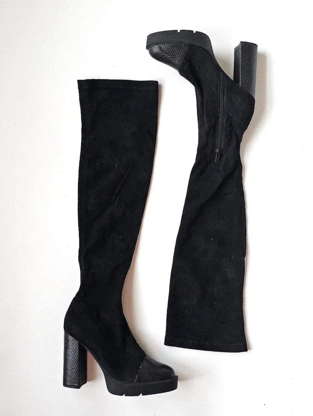 Forever 21 Black Over The Knee Stretch Boots Chunky Block Heel Platform Size 7